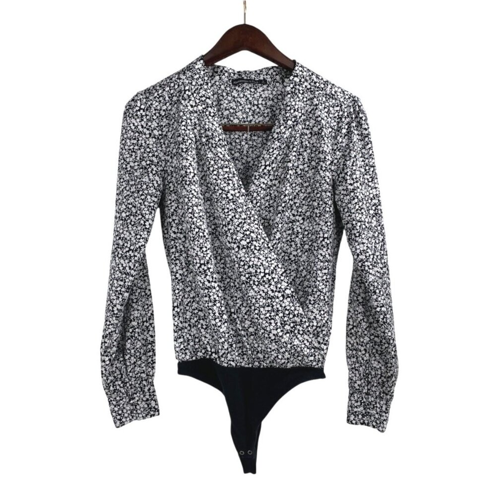Abercrombie & Fitch Black White Floral V-Neck Long Sleeve Bodysuit Womens Small